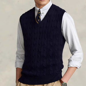 Gilet sans manches en tricot gris pour homme, couleur unie, col en V, tricot torsadé, vêtement d'automne, coupe classique, 100% acrylique - Product Image 5
