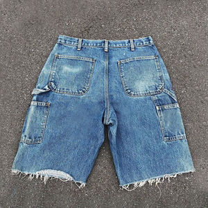 Vintage Washed 100%cotton Denim Cargo Shorts Custom logo Print Double Knee Raw Hem <b>Jean</b> Shorts Casual Baggy Fit Jorts for <b>Men</b> - Product Image 2