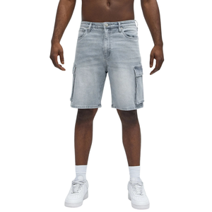 Shorts cargo en jean délavé bleu clair pour homme, décontractés, mi-longs, respirants, en coton, coupe droite, avec poches utilitaires, mode estivale - Product Image 1