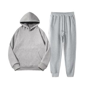 Ensemble sweat à capuche et jogging unisexe gris en coton, couleur unie, survêtement décontracté à manches longues avec cordon de serrage, coupe ample, idéal pour l'automne - Product Image 1