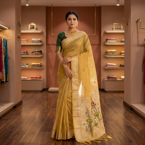 Sari en coton Muga jaune avec broderies florales pour femmes, tenue traditionnelle pour mariage et festivals, style indien - Product Image 1