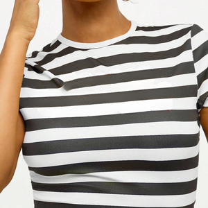 Women's Summer Fashion Cropped <b>Striped</b> T-Shirt Slim Short Sleeve O-Neck <b>Crop</b> <b>Top</b> for Gym Fitness Workout Cotton Breathable - Product Image 6