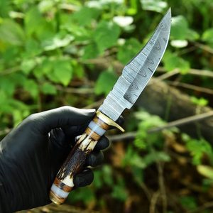 Cuchillo Bowie de Caza con Hoja Fija con Patrón Damasco, Mango de Madera de Ciervo, Espiga Completa, Punta Caída, Utilidad para Exteriores, OEM, Garantía de 3 Años - Product Image 4