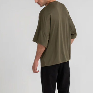 Camiseta de Hombre Oversize Verde Oliva, Manga Corta, Cuello Redondo, Casual, Tejida, Color Sólido, Corte Holgado, Largo Regular - Product Image 1