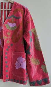 <b>Women's</b> Red <b>Velvet</b> Embroidered Floral <b>Jacket</b> Boho Open Front Coat <b>Women</b> Floral Embroidered <b>Jacket</b> <b>Women</b> Boho <b>Jacket</b> - Product Image 2