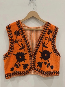 Orange Suzani <b>Velvet</b> Vest Boho Embroidered Waistcoat Vintage Floral Sleeveless <b>Jacket</b> Festival Bohemian Layer Breathable Cotton - Product Image 1