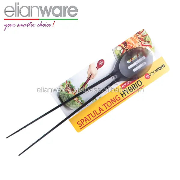 Elianware Plastic Spatula Tong Hybrid Set Salad Serving Tongs Extra Long Clip with Spoon Head Easy For Stir Salad