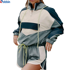 Conjunto Deportivo de 2 Piezas para Mujer, Diseño Color Block, Sudadera con Capucha, Manga Larga, Corte Holgado, Pantalones Cortos Deportivos, Ropa Casual de Primavera/Verano - Product Image 2