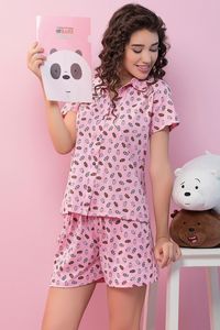 Ensemble pyjama en coton imprimé dessin animé rose pour femme, chemise à manches courtes et short, coupe régulière, respirant, tricoté, décontracté - Product Image 1