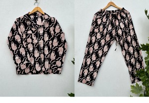 Conjunto de Pijama de Algodón Hecho a Mano para Mujer, Mangas Largas, Cuello en V, Cierre con Cordón, Estampado Floral, Ropa de Dormir Transpirable y Suave - Product Image 2