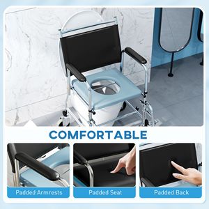 Black 300 Lbs Rolling Shower Chair Bedside Commode Wheelchair Padded Seat <b>Backrest</b> for Seniors Safety Equipment - Product Image 5
