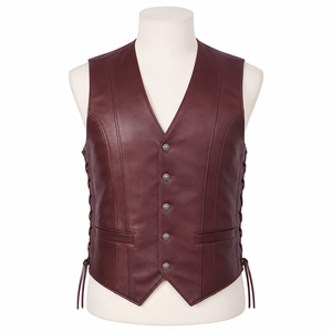 Chaleco de Piel Sintética Color Borgoña para Hombre, Cuello en V, Estilo Casual, Cierre de Botón, Talla Grande, Resistente al Viento, Superventas - Product Image 2