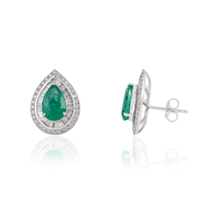 Boucles d'oreilles clous double grappe en émeraude zambienne et diamant de haute qualité, forme poire, pour femme, en or blanc véritable 18 carats, bijoux de déclaration - Product Image 3