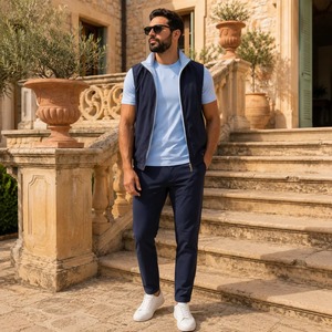 Traje de Verano de 3 Piezas para Hombre al por Mayor: Chaleco Reversible, Camiseta de Algodón Mercerizado Transpirable y Pantalón Elástico de Pierna Recta - Product Image 2