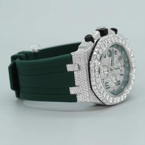 Montre de luxe en diamant naturel brillant, argent sterling 925 massif et bracelet en caoutchouc de couleur verte pour homme - Product Image 5