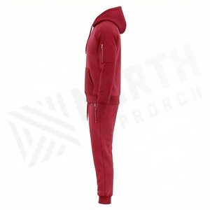 Survêtement à capuche rouge pour homme, couleur unie, manches longues, vêtements de sport décontractés avec poches latérales, fermeture à cordon, vêtements d'automne - Product Image 3