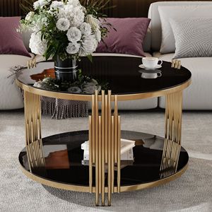 Modern Asymmetrical Metal Coffee <b>Table</b> with Black <b>Mirror</b> Top and Gold Finish Circular Metal Drum Base with Lower Shelf - Product Image 1