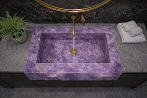 Lavabo de Baño de Lujo con Piedra Amatista Morada y Grifo Dorado, Lavabo Rectangular Moderno para Encimera - Product Image 3