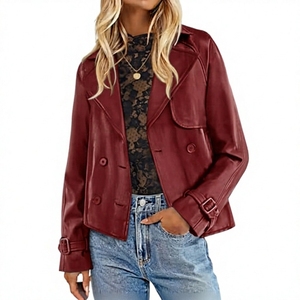 Chaqueta de moto de cuero PU negra para mujer, con doble botonadura, cuello vuelto, manga larga, para otoño - Product Image 6