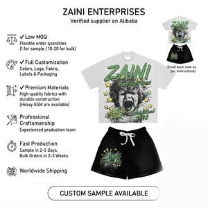 ชุดเสื้อยืดและกางเกงขาสั้นโอเวอร์ไซส์สำหรับผู้ชาย ZAINI Premium 280 GSM ผ้าโพลีเอสเตอร์ 100% ระบายอากาศได้ดี เหมาะสำหรับใส่ลำลองในฤดูร้อน สีขาวดำ ปักลายนูนตามสั่ง - Product Image 1