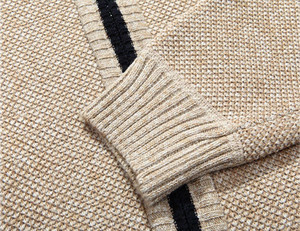 Cardigan en tricot beige pour homme, fermeture éclair intégrale, col roulé, manches régulières, doublure à carreaux, vêtement d'hiver, pull en laine acrylique - Product Image 5
