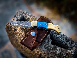 Cuchillo plegable de acero damasco y cobre, eficaz para supervivencia al aire libre, cuchillo de bolsillo para camping con funda de cuero para caza, envío directo. - Product Image 2