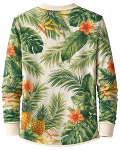 <b>Mens</b> Tropical Print Henley <b>Shirt</b> <b>White</b> And Green Floral Long Sleeve Button Placket Casual Summer Beach Style Fashion Top - Product Image 2