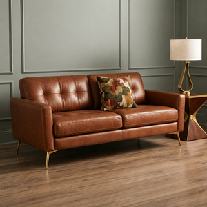 Sofá Moderno de Dos Plazas Tapizado en Cuero Genuino, Estilo Mid-Century, Brazos Cuadrados, Patas Metálicas, Mueble de Sala de Estar - Product Image 1