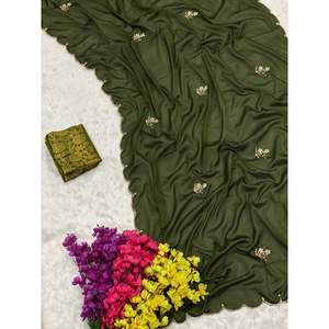 ATRACTIVO CHINON TRABAJO A MANO DISEÑO DE PERLAS TRABAJO SAREE CON BLUSA SIN COSTAR OSCURO OLIVA - Product Image 1