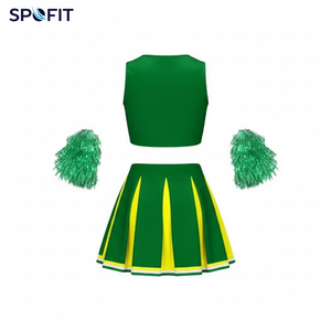 Uniforme de cheerleading SPOFIT, jupe rayée verte et jaune, ensemble haut court avec pompons, costume pour femmes adultes - Product Image 2