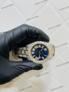 Reloj de Lujo con Diamantes Moissanite y Esfera Azul para Hombre, Estilo Hip Hop con Fecha y Caja de Acero Inoxidable, Reloj Impresionante - Product Image 3
