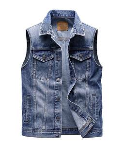 Gilet de moto en jean bleu rétro pour homme, col montant, boutonné, 100 % coton, décontracté, mode printemps-automne - Product Image 1
