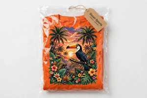 Camiseta Personalizada para Mujer con Estampado Tropical de Tucán, Palmera Naranja y Atardecer Floral, Camiseta de Algodón OEM, Estilo Vacaciones en la Playa, Top de Verano - Product Image 6