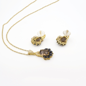 Ensemble pendentif et boucles d'oreilles en argent sterling 925 avec quartz fumé naturel et spinelle noire, plaqué or, bijoux fins OEM ODM - Product Image 5