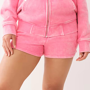 Conjuntos de ropa para mujer de 2 piezas, transpirables, lisos, teñidos, vintage, con efecto lavado ácido, con pantalones cortos y sudaderas con capucha de manga larga, en MOQ bajo. - Product Image 3