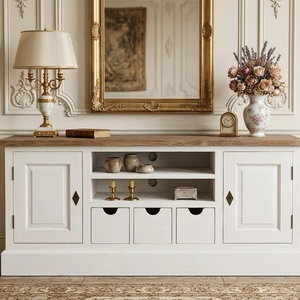 Commode Aderty en teck massif, 7 tiroirs, finition naturelle écologique, style moderne, pour chambre, appartement, salon, meuble console multimédia - Product Image 3