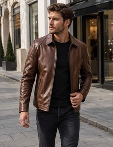 Veste en cuir PU marron pour homme, style motard, col rabattu, fermeture éclair, poches latérales zippées, coupe ajustée, pour l'automne - Product Image 2