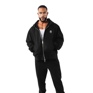 เสื้อฮู้ดซิปสีดำสำหรับผู้ชาย ผ้าฝ้ายผสมขนแกะ แขนยาว ชุดลำลองสไตล์สปอร์ต รับผลิตแบบ OEM จำหน่ายส่งจากโรงงาน - Product Image 2