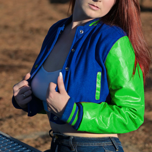 Womens Varsity Crop <b>Jacket</b> Red <b>Lime</b> <b>Green</b> Letterman Style Bomber Coat Faux Leather Sleeves Casual Outerwear Ladies Fashion - Product Image 1
