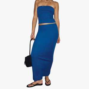 Women's Strapless Tube Top <b>Set</b> Blue Knitted Two Piece Full Length Solid Color Breathable Spandex Polyester Regular Fit Maxi <b>Sets</b> - Product Image 1