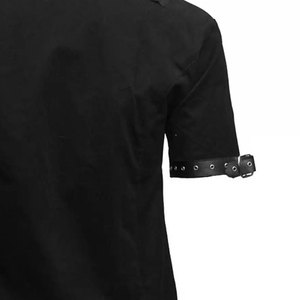 Chemise noire gothique pour homme sur mesure, manches courtes, style punk rock, fermeture éclair sur le devant, sangle à boucle, chemises en denim de coton pour homme - Product Image 3