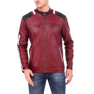 Blouson en cuir rouge pour homme, col montant, fermeture éclair, coupe ajustée, manches classiques, couleur unie, style motard, respirant, en laine - Product Image 5