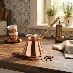 Cafetera turca de cobre pulido liso, Cezve, Ibrik árabe, Briki griega, calentador de leche y mantequilla para estufa con mango de latón macizo OEM - Product Image 3