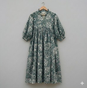 Ethnic Boho Grey Floral Hand Print Cotton Midi <b>Dress</b> With V-Neck 3/4 Puff Sleeve <b>Loose</b> Fit Casual <b>Dress</b> For Women - Product Image 1