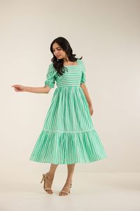 Vestido Maxi a Rayas Verdes y Blancas con Mangas Abullonadas para Mujer, con Tela Ligera, Estilo Moderno y Elegante, Ajuste Cómodo - Product Image 3