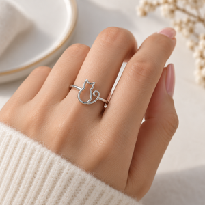 Anillo de Plata de Ley 925 con Baño de Rodio, Diseño de Gato, Banda Abierta, Silueta Animal, Anillo Fino Romántico y Moderno para Mujer, Joyería de Regalo - Product Image 5