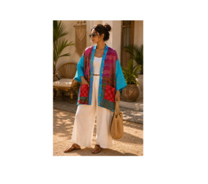 Robe de nuit en soie crêpe de luxe pour femme, faite à la main, cadeau pour elle, col en V, fermeture à cordon, longueur totale, patchwork - Product Image 1