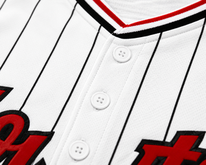Maillot de baseball personnalisé unisexe pour adultes, blanc à rayures fines, col en V, manches courtes, respirant, en polyester, uniforme d'équipe, transfert thermique sur le devant - Product Image 6