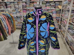 <b>Women</b> Long Velour <b>Robe</b> Full Length Mandarin Collar Hand Embroidered Floral Pattern Zipper Closure Winter Cozy Soft Outerwear - Product Image 4
