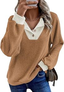 Womens Spring Fashion 2026 Womens Long Sleeve <b>Shirts</b> <b>Patchwork</b> Button Up V Neck Sweatshirt Casual Pullover Tops - Product Image 4